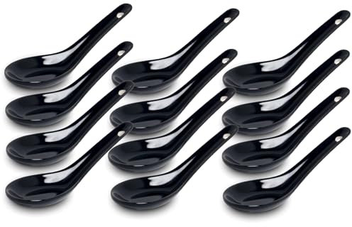 White and black Series ASIATICA | Porzellan-Löffel-Set Asien | 13 cm - Reis-Löffel - Suppen-Löffel, Servier-Löffel, Dessert-Löffel - Spoon-Set Ramen (12er Set schwarz)