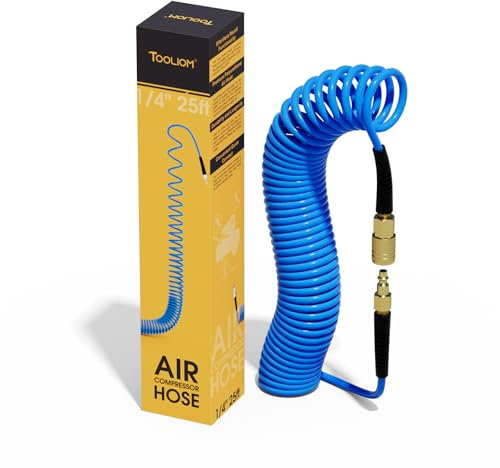 TOOLIOM Polyurethane Recoil Air Hose，1/4 in x 25 ft Air Compressor Hose with Bend Restrictor,1/4 NPT Coupler & Pure Quick Connect Air Fittings