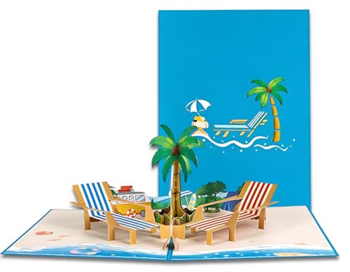 1 Stück Pop-Up Karte Strandurlaub, 3D Gutscheinkarte für Urlaub, Flitterwochen oder Ruhestand, als Gutschein für eine Reise ans Meer, Popup Karte Grußkarte Gutscheinkarte für Urlaubsreise
