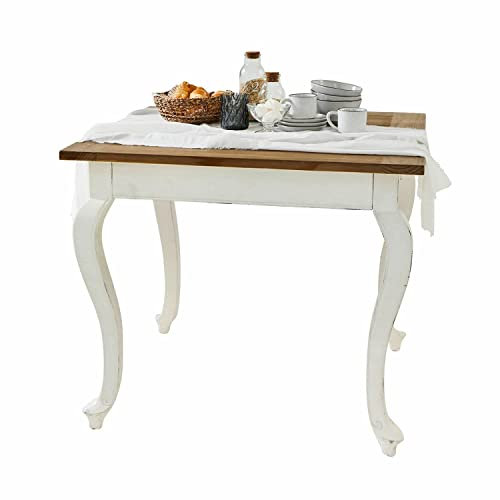 Loberon Tisch Plaish, Ausziehbare Tischplatte, Nostalgischer Stil, mit Antik-Finish, Esstisch, Esszimmertisch, Tannenholz, Pappelholz, antikweiß/braun