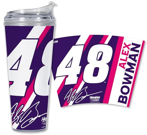Rico Industries NASCAR Racing Alex Bowman 24oz Acrylic Tumbler with Hinged Lid, Officially Licensed Double Wall Tumbler with Straw