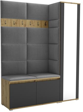 Brent - Garderobenschrank Flur Artisan Eiche Schwarz mit sitzbank 145 cm Breit Luton 7 - Multifunktionale Flurgarderobe Set mit Stauraum und Wandpaneel, Garderobe mit Sitzfläche und Kleiderhaken