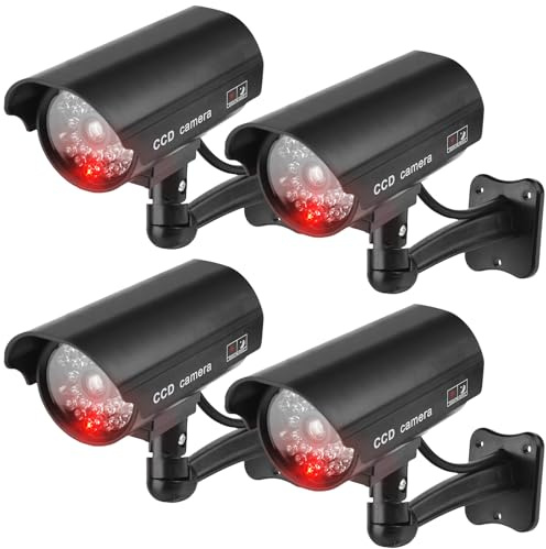 GAOUTO 4 Stück Dummy Kamera, Attrappe Kamera CCTV, Dummy Überwachungskamera mit Blinkender LED Fake Sicherheitskamera, Kamera Atrappe Außen, Fake Kamera für Zuhause Büro Überwachung, Schwarz