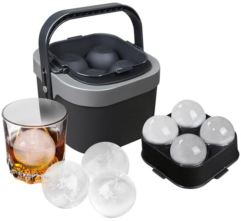 4-Cavity Large Ice Ball Maker with Lid & Handle, Silicone Sphere Ice Moulds with Insulated Bucket, BPA Free Whiskey Ice Tray for Cocktail, Bourbon, Whisky, Scotch, Gin, Bar, Home Use