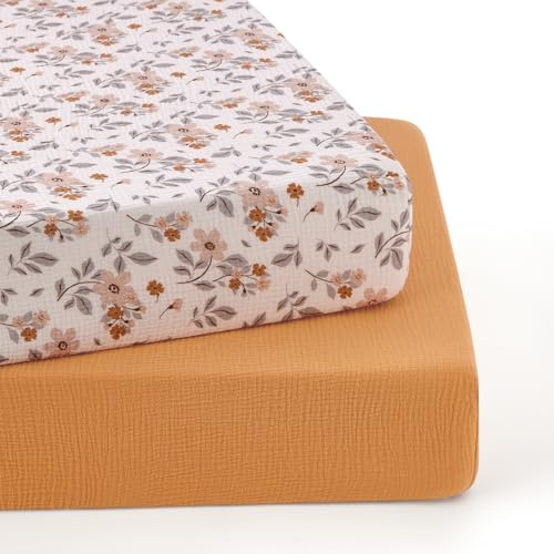 TILLYOU Musselin Spannbettlaken 2er Set Bettlaken Kinderbett 60x120 cm 100% Baumwolle Spannbettlaken Baby, Gelber Jasmin