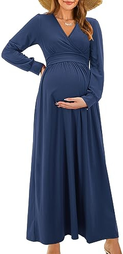 OUGES Robe Longue Maxi à Manches Longues et Col en V avec Poches Collection pour Femmes Enceintes et Allaitantes-XL