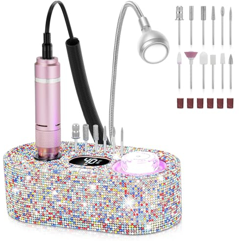 Nail Drill Electric File: DEDNMSCA Sparkly Professional Nail Drill Kit, 40000RPM E-file Machine with USB LED Light and 12 Drill Bits for Acrylic Nail Remove Gel Polish Manicure for Salon Home, Diamond