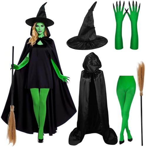 SGFNXB Halloween Costumes Adult Women, 5 PCS Witch Costumes Set Witch Cape, Hat, Gloves, Stockings and Broom, World Book Day Costume for Halloween, Christmas, Cosplay and Themed Parties for 14+