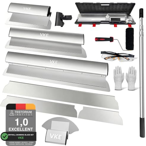 VKE Aluminium Alloy Drywall Skimming Blade Set 300/500/800 mm | 2.1 m Telescopic Pole with Interchangeable Blades,Case and Roller Brush for Plastering Walls and Ceilings
