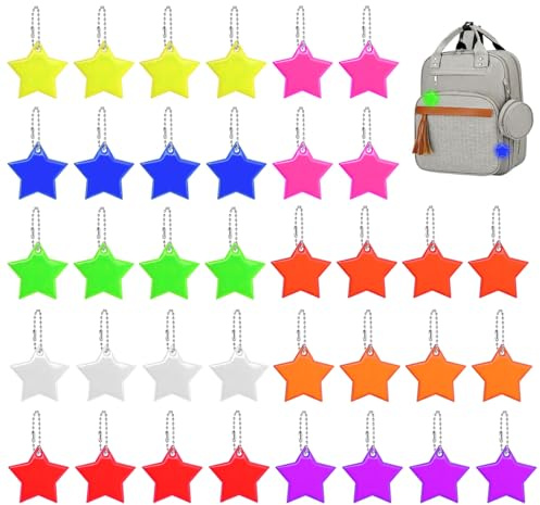 prota 36 Stück Sicherheits Reflektor Anhänger, Stern Reflektor Anhänger Reflektierende Schlüsselanhänger, Reflektierend Anhänger Schulranzen für Rucksack Hängende Dekoration