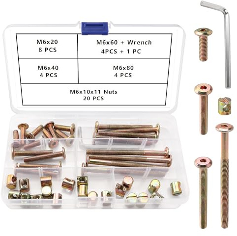 VooGenzek 40 Piezas M6 x 20/40/60/80 mm Kit de Hardware Tornillo Tuercas de Cama, Hex Socket Head Cap Perno de Cuna, con Llave Allen, para Muebles Camas Sillas, Amarillo