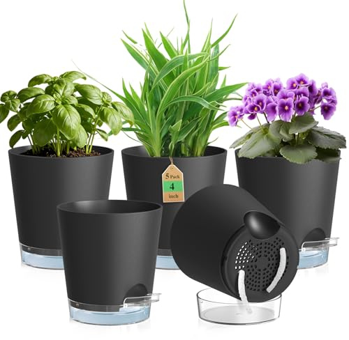 WSMKSZ 10cm Self Watering Plant Pots Indoor, 5 Pack Small Flower Pots | 4 inch Plastic Nursery Pots for House Plants with Clear Reservoir, Visible Water Level & Drainage Holes, Cotton Wick, Black