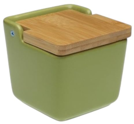 Generico Contenitore Sale in Ceramica con Coperchio in Bambù – Barattolo Quadrato Porta Sale Spezie e Zucchero 8,8x8,8x8,8 cm, Design Moderno Salvaspazio, Disponibile in 7 Colori (Verde)