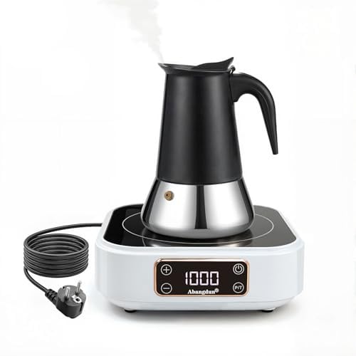 Espressokocher Induktion Set, Mokkakanne Edelstahl mit Mini Induktionskochplatte 1000W, elektrischer Moka Pot Kaffeekocher für Büro, Camping, RV und kleine Küchen