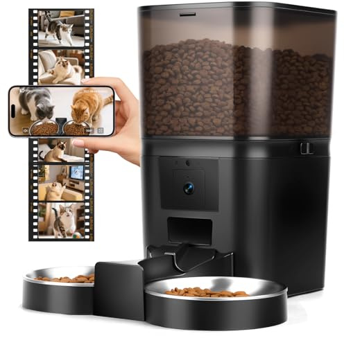 Nobleza 6L Futterautomat Katze 2 Näpfe mit 1080P Kamera， 5G WiFi Katzen Futterautomaten mit APP & Nachtsicht， 1-10 Mahlzeiten/Tag， 1-24 Portionen， Schwarz
