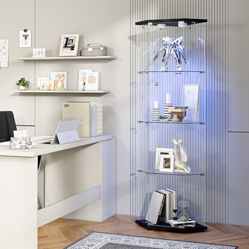 Vitrina de esquina de vidrio con LED, vitrina de 4 estantes para colección, vitrina sobre base de vidrio con puertas y cerradura, gabinetes de esquina verticales de almacenamiento de exhibición (negro