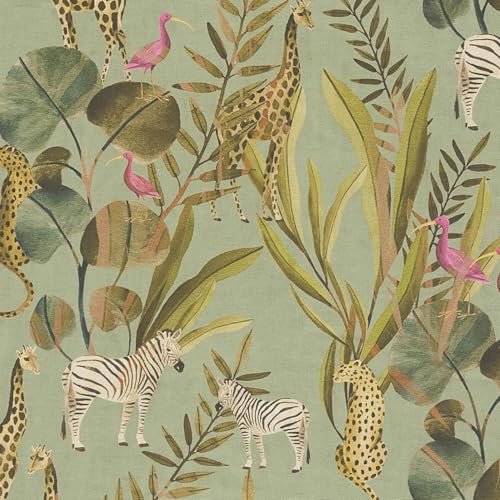 Profhome Tiermotiv Tapete 782181-GU heißgeprägte Vliestapete grün pink creme-weiß beige-braun 0,53 m x 10,05 m = 5,33 m2