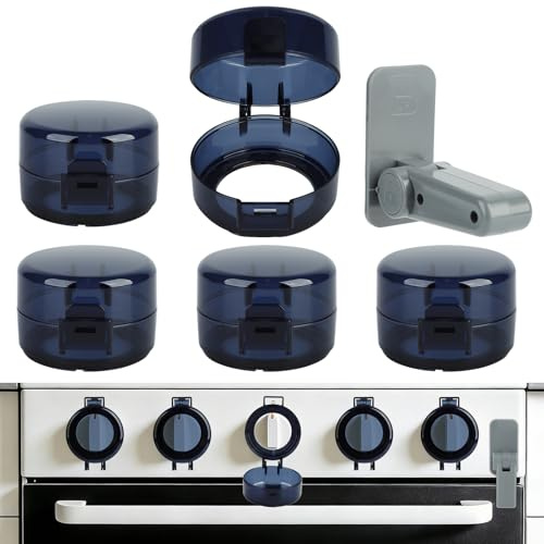 BigKing Herdschutzgitter Set, 5 x Knopfabdeckung, 1 x Backofentür Sicherung, Für Max. ø 4 cm und 4 cm Hohe Herdknöpfe mit min. 7,6 cm Abstand Mitte-Mitte, Herdschutz Gasherd Tür Knopf