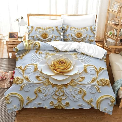 GXYUAOIEF Gold-white 3D Rose Duvet Cover 3-Piece 3D Printed Acanthus Scrolls Microfibre Bedding with 2 Pillow Cases Hidden Zipper For Girls Teens Double（200x200cm）