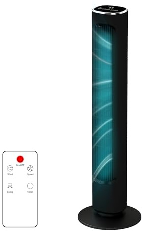 eklipt 41-Inch Tower Fan with Remote, Lightweight, Standing Fan with 3 Speeds 8m/s, 70° Oscillation, Electric Cooling Fan with Powerful Airflow, Quiet Operation, 12H Timer, for Home or Office, Black