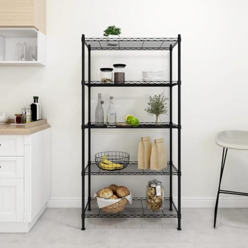 Runheo Scaffale portaoggetti a 5 ripiani, 90 x 35 x 180 cm, scaffale in metallo nero, scaffale per carichi pesanti in ferro, portata 250 kg, piedini regolabili per cantina, garage e officina
