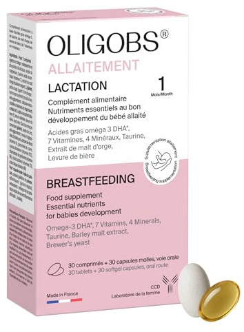 Oligobs Allaitement | Nutriments essentiels au bon développement du bébé | Femmes Allaitantes | 30 Comprimés + 30 Capsules DHA Oméga 3 | Vitamines et Minéraux Essentiels | Fabriqué en France