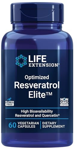 Life Extension Optimized Resveratrol Elite, Trans-resveratrol, quercetin, Healthy Aging, Heart Health, Brain Health, oxidative Stress, Gluten-Free, Non-GMO, Vegetarian, 60 Capsules