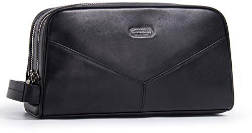 Contacts Crazy Horse Vache en Cuir Fermeture éclair Double kit Trousse de Toilette de Voyage (Noir)