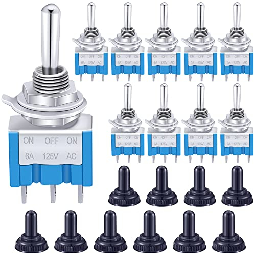 Taiss/ 10 Stücke Blau Mini Kippschalter EIN/AUS/EIN Auto Armaturenbrett 3 Position SPDT 3Pin + 10 Stücke Wasserdichte Kappe MTS-103+MZ