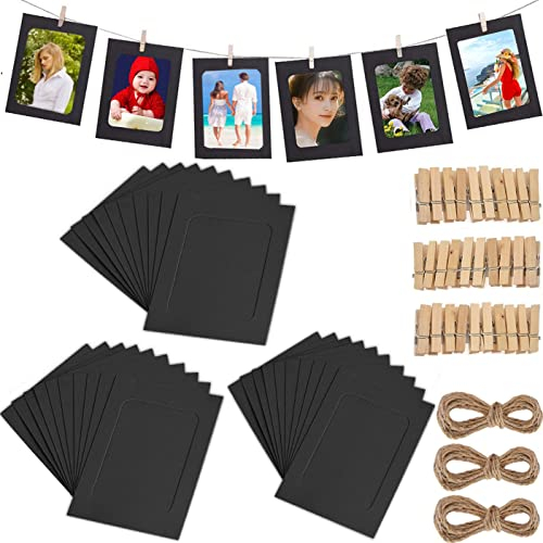 Fashion HW 30 stücke Fotorahmen aus Pappe, zum Aufhängen, 10 x 15 cm,DIY Kraftpapier Bilderrahmen Hängende Wanddekoration mit 30 stücke Clips und 3 stücke Hanf Seile Set (Schwarz)
