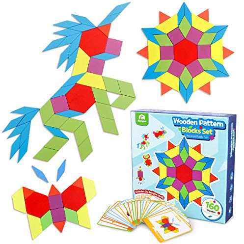 Coogam 160 Stück Holzmuster Blöcke Set Geometrisch Manipulative Form Puzzle - Grafisches Spielzeug Gehirn Stamm Geschenkmit 24 Stück Design-Karten