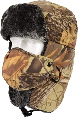 TAGVO Tarnfarbene Trapperhütte Bomber Hut, Fliegermützen für Herren, Winddicht Warm Ohrenklappen Trappermütze mit Windproof Gesichtsmaske, Ushanka Hut für Skifahren Skaten Outdoor Sport Aktivitäten