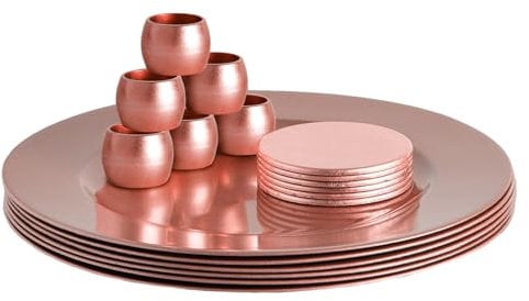 Argon Tableware Metallic Charger Plates, Coasters & Napkin Rings Set - Rose Gold - 18pc - 33cm - Reusable Dining Table Setting Plates Drink Placemats Napkin Holders for Christmas, Party Celebrations