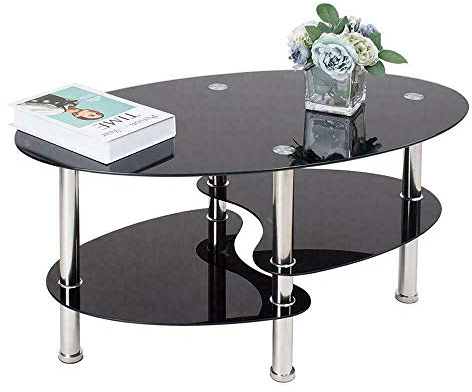 Couchtisch aus Hartglas, einfach und elegant, Möbel Couchtisch mit Metallbeinen, oval, mit 2 Einlegeböden, 90 x 50 x 43 cm (schwarz)