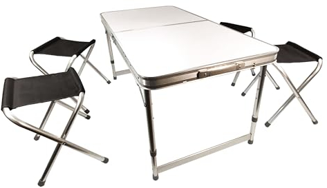 Lemodo Campingtisch mit Stühlen, Klapptisch Set 5-teilig, Campingmöbel klappbar, Esstisch höhenverstellbar, Picknicktisch 120 x 60 cm, platzsparender Koffertisch, leicht zu transportieren