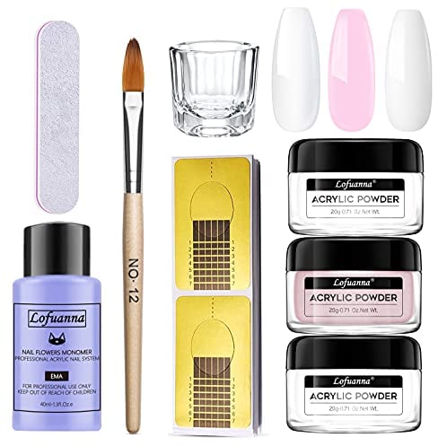 Lofuanna Acrylic Nail Kit, Professional Set with 3 Colors, 20g Powder, 40ml Liquid, Brush, Forms, File & Art Kit