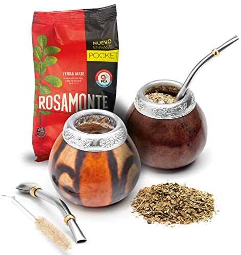 BALIBETOV Set Mate Argentino Autentico - Compreso 2 Tazza Originale, 2 Bombilla, 1 Pack di 100gr Yerba Mate (MARRONE - NATUREL02)