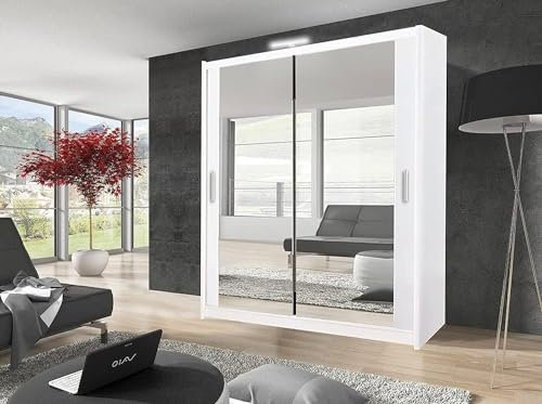 GSW Bedroom Furniture Modern Full 2 and 3 Mirror Sliding Door Wardrobe With Shelves And LED Light, Hanging Rail (203CM, White)