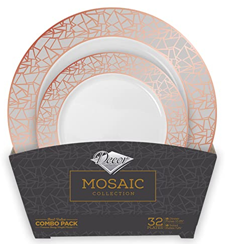 Decorline - Assiettes en Plastique Dur réutilisables de 32 pièces - Pour 16 Personnes - Collection Mosaic - Rose/Argent - Assiette vintage - pour Anniversaires, Mariages & Fêtes