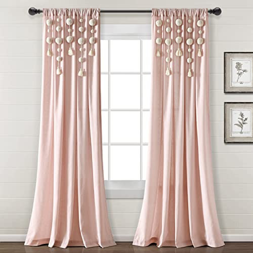 Lush Decor Panneau de Rideau de fenêtre en Lin avec Pompons bohème (Panneau Simple), 213,4 cm (L) x 132,1 cm (l), Rose poudré
