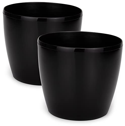 PECZEKO Macetas Brillantes Decorativas para Hierbas - Redondas de Plástico Duraderas y Ligeras para Salón, Comedor, Cocina, Terraza, Balcón - Juego de 2 Piezas (Negro, Diámetro 12 cm)