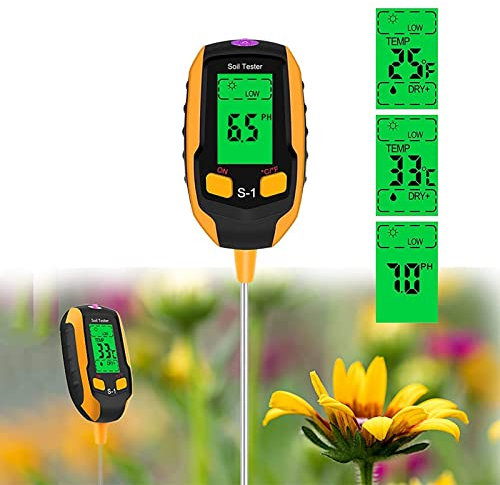 Justmetr PH mètre de sol amélioré 4 en 1, testeur d'humidité numérique, testeur d'humidité pour plantes, humidimètre, lumière et testeur de pH pour plantes en pot, jardins, pelouses