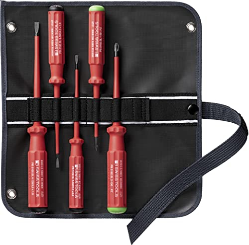 PB Swiss Tools Slim Pozidriv Schlitz VDE Schraubendreher Set PB 5543.SU SL GY | 100% Swiss Made | 5-teiliges Elektro Schraubenzieher Set Schlitz 1/2/3/4 PZ1 PZ2 in hochwertiger Stoff-Rolltasche