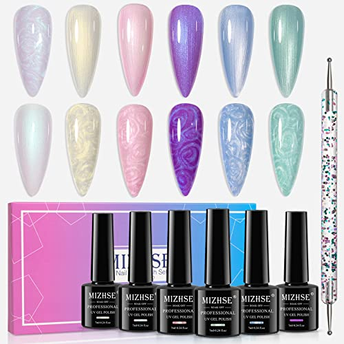 MIZHSE Gel Nagellack Set - 6 Farben Pearl Effect UV Nagellack Set Weiß Shimmer Gel Nail Polish Set mit Thread Shell Gellack 7ml UV/LED Soak Off Pearl UV Gels Nagellack 6PCS