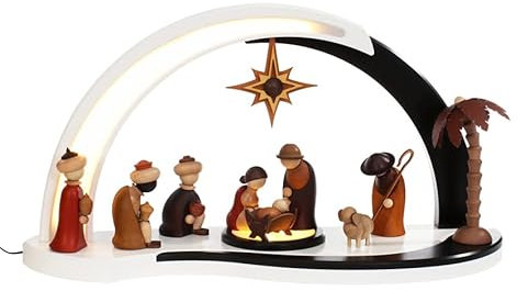 Rudolphs Schatzkiste Schwibbogen Christi Geburt mit LED Beleuchtung weiß BxHxT 62x32x20cm NEU Lichterbogen Fensterbogen Spitzbogen Erzgebirge Weihnachten Bergbau Bergmann Licht Holz Dekoration