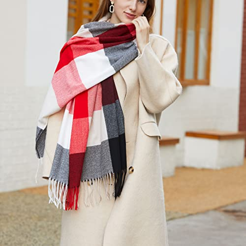 Damen Schal Karoschal,XXL Warm Winter Kariert Winterschal Herbstschal Schals mit Plaid Karo-Muster Oversized Warm Long Stole Poncho Langer Schalcape Deckenschal Halstuch Scarf,Rot Schwarz