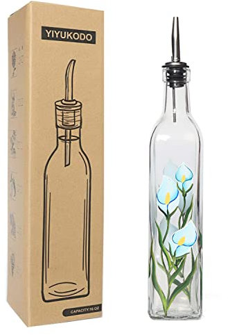 YIYUKODO 17oz Hand Painted Glass Olive Oil Bottle - 500ml Green Oil & Vinegar Cruet with Pourers - Olive Oil Carafe Decanter for Kitchen (Morning glory)