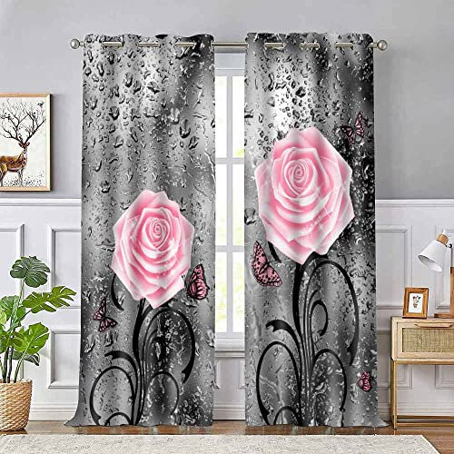 EOTDMS Pink Rose Curtains 84 inch Length Pink Floral Raindrops Gray Art Blackout Curtains for Living Room Bedroom Thermal Insulated Drapes 42x84 Inches 2 Panels