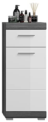 xonox.home Scout X06B2701 Commode étroite Armoire sur Pied pour Salle de Bain Blanc Brillant Corps argenté fumé Env. 37 x 88 x 31 cm