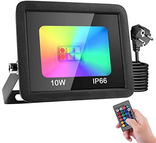 RGB LED Strahler mit Stecker 10W,LED Fluter mit Fernbedienung & Memory-Funktion,16 Farben 4 Modi Farbwechsel Flutlichtstrahler,IP66 Wasserdicht LED Außenstrahler für Garten Party Stimmungslichter